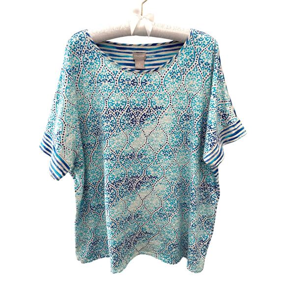 Chico's Tops - CHICO’S | Blue Teal Medallion Stripe Print Dolman Sleeve Tshirt Top | Size 3 XL